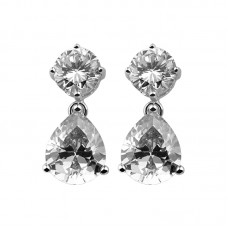 Silver earrings round cz 7mm + pearshape cz 8x10mm rhodium